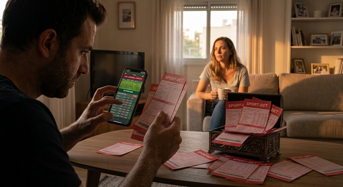 גבר יושב בסלון ביתי ומחזיק ערימת טפסי ווינר (Sport-Bet) ביד אחת, בזמן שביד השנייה הוא מהמר באפליקציה בטלפון הנייד. ברקע מטושטשת נראית בת זוגו יושבת מודאגת על הספה ומביטה בו.