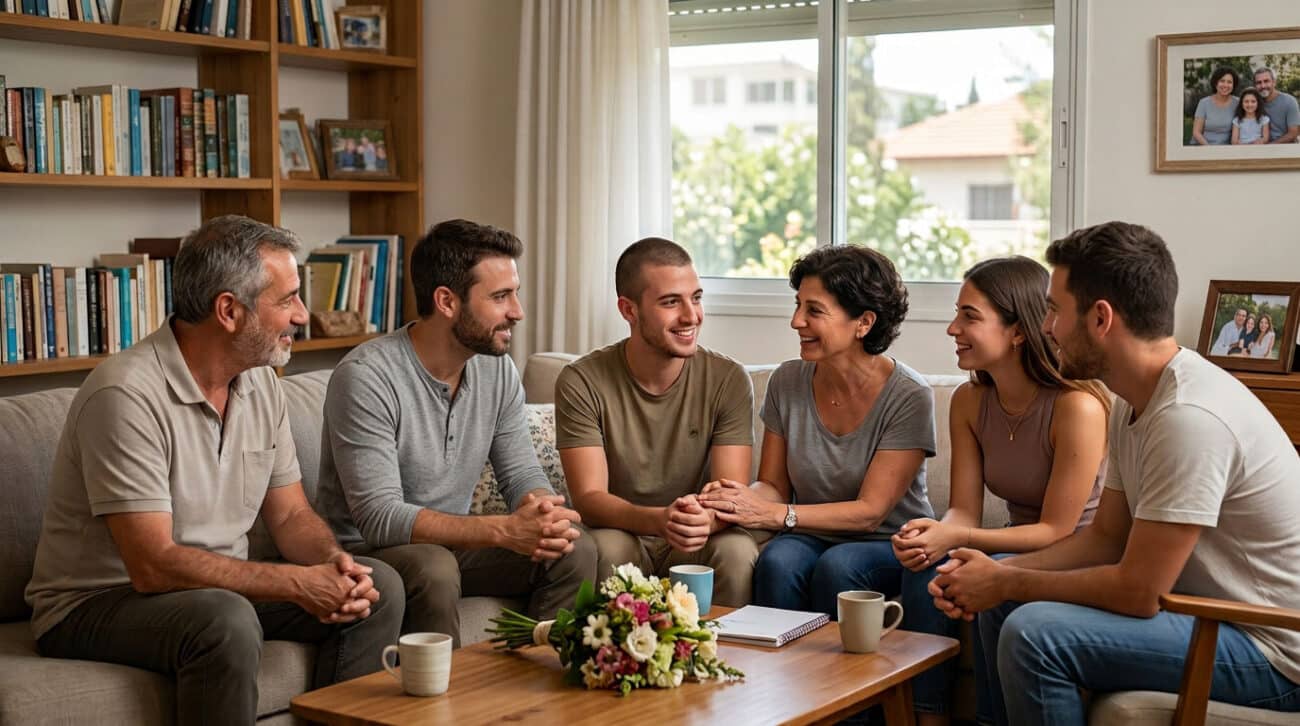 משפחה ישראלית יושבת יחד בסלון ותומכת בבן משפחה שחזר להתמכרות